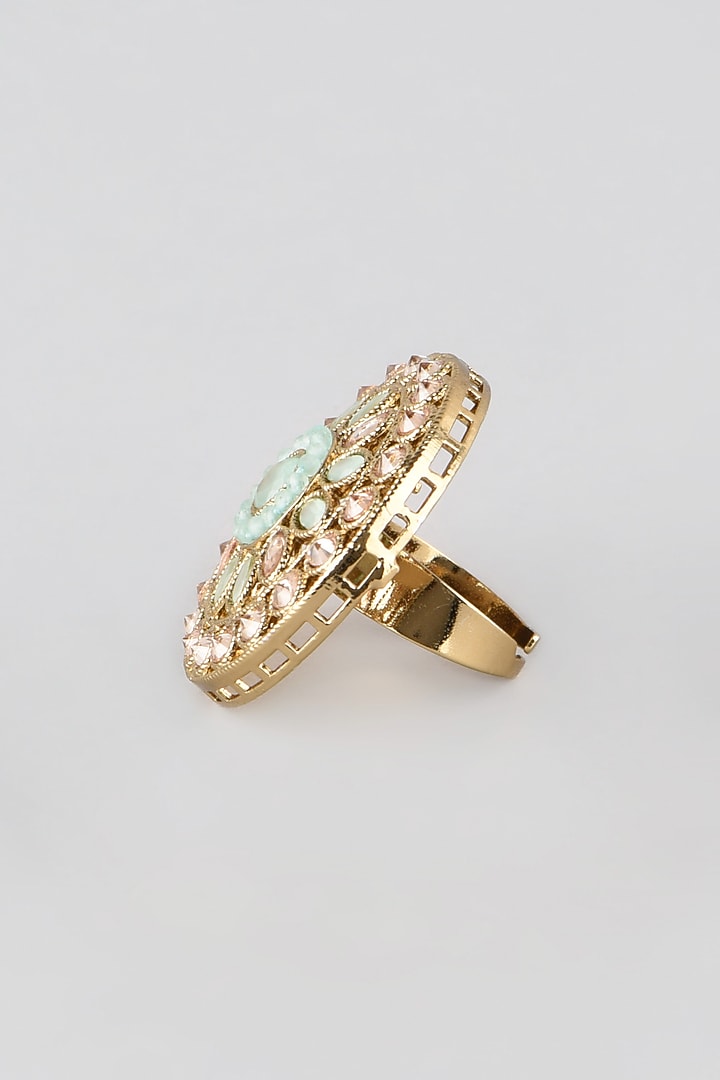Gold Finish Pearl & Kundan Polki Ring by Moh-Maya by Disha Khatri at Pernia's Pop Up Shop