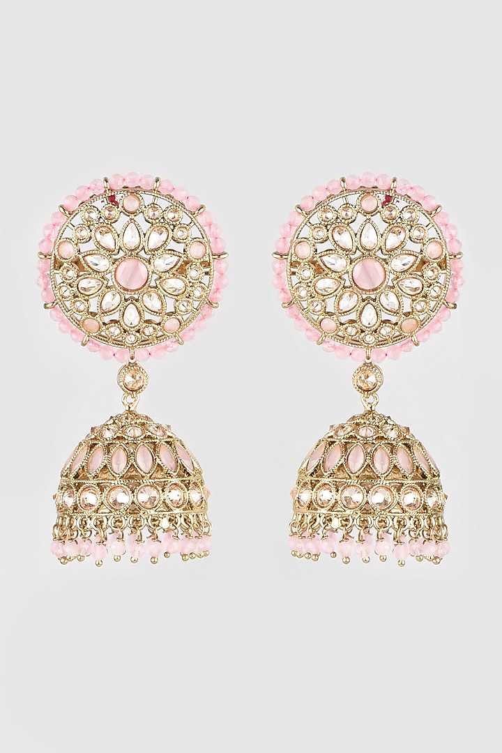 Gold Finish Pink Beaded Chandbali Earrings by Moh-Maya by Disha Khatri