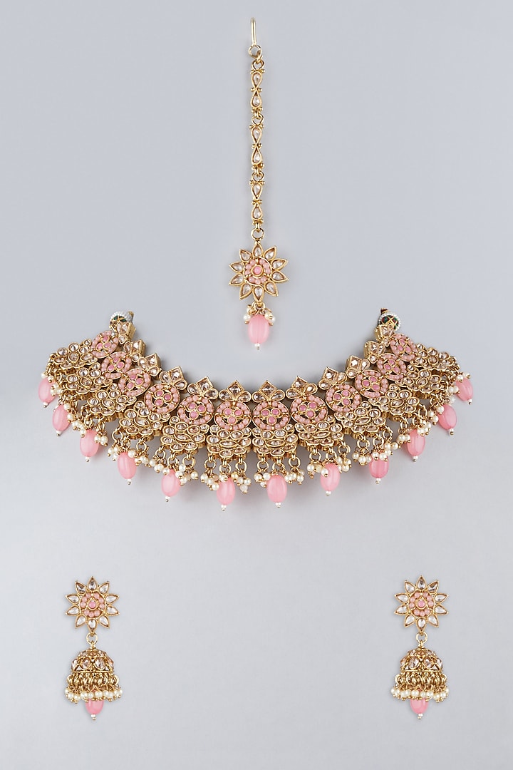 Gold Finish Necklace Set With Light Pink Beads by Moh-Maya by Disha Khatri