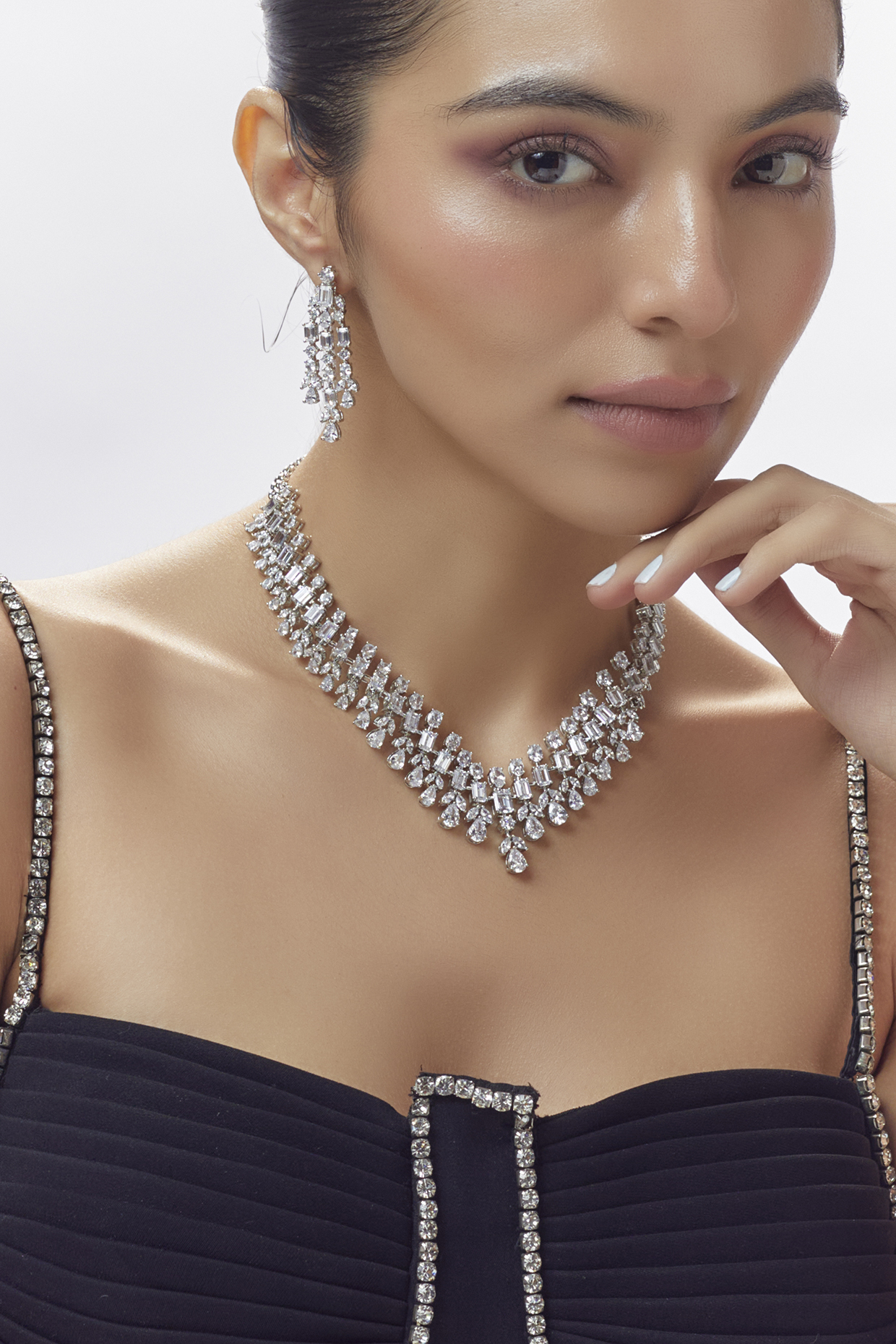 White Finish Zircon Long Necklace Set by Moh-Maya by Disha Khatri at Pernia's Pop Up Shop