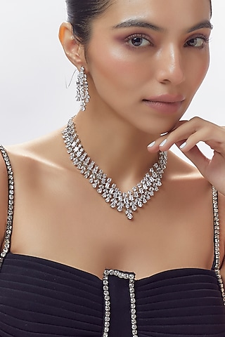 White Finish Zircon Long Necklace Set by Moh-Maya by Disha Khatri