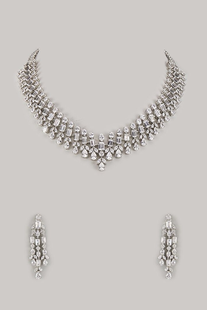 White Finish Zircon Long Necklace Set by Moh-Maya by Disha Khatri at Pernia's Pop Up Shop