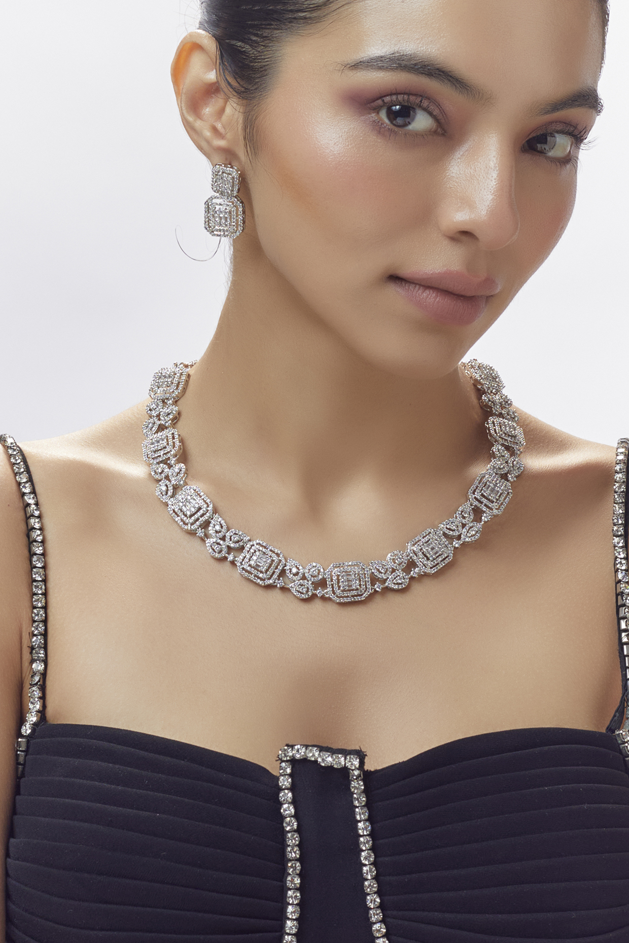 White Finish Zircon Long Necklace Set by Moh-Maya by Disha Khatri at Pernia's Pop Up Shop