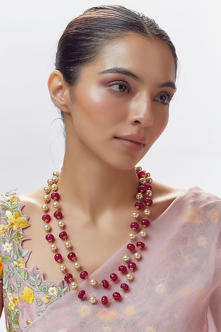 Gold Finish Pearl Beaded Long Necklace by Moh-Maya by Disha Khatri at Pernia's Pop Up Shop