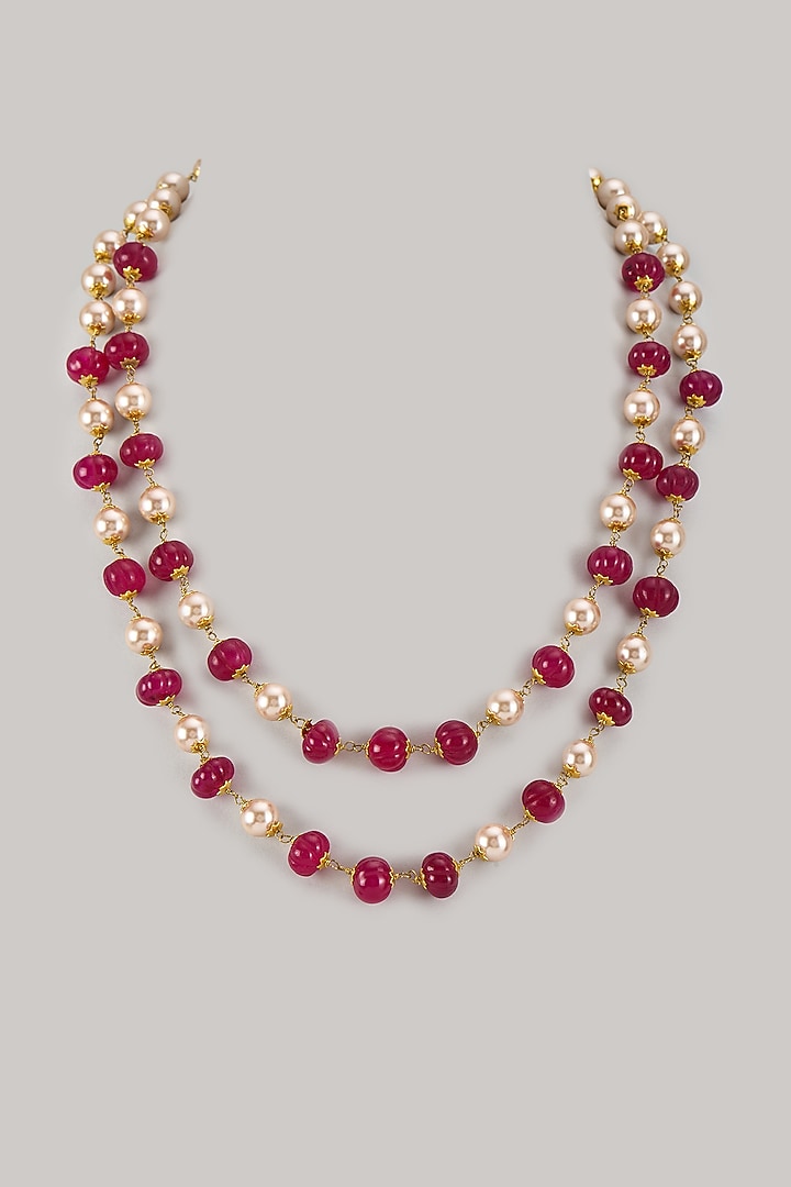 Gold Finish Pearl Beaded Long Necklace by Moh-Maya by Disha Khatri at Pernia's Pop Up Shop