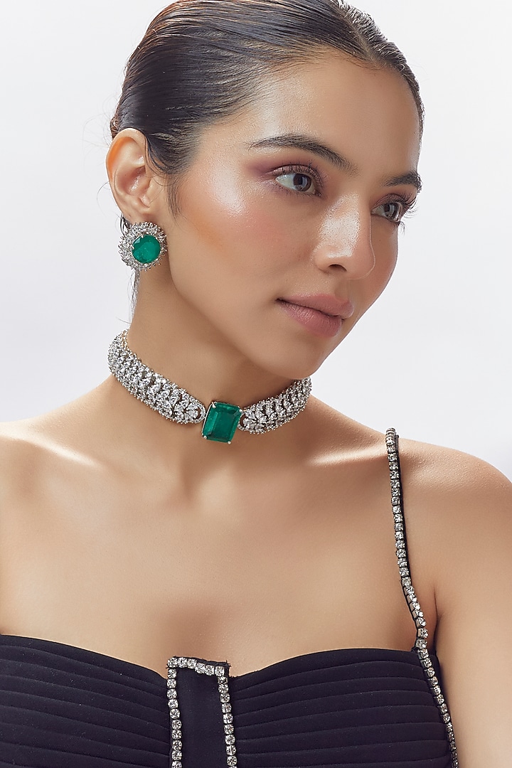 White Finish Zircon & Emerald Choker Necklace Set by Moh-Maya by Disha Khatri at Pernia's Pop Up Shop