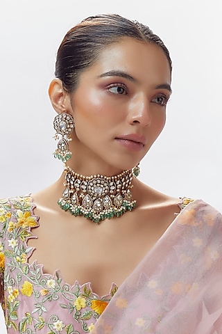 Gold Finish Zircon & Moissanite Polki Choker Necklace Set by Moh-Maya by Disha Khatri