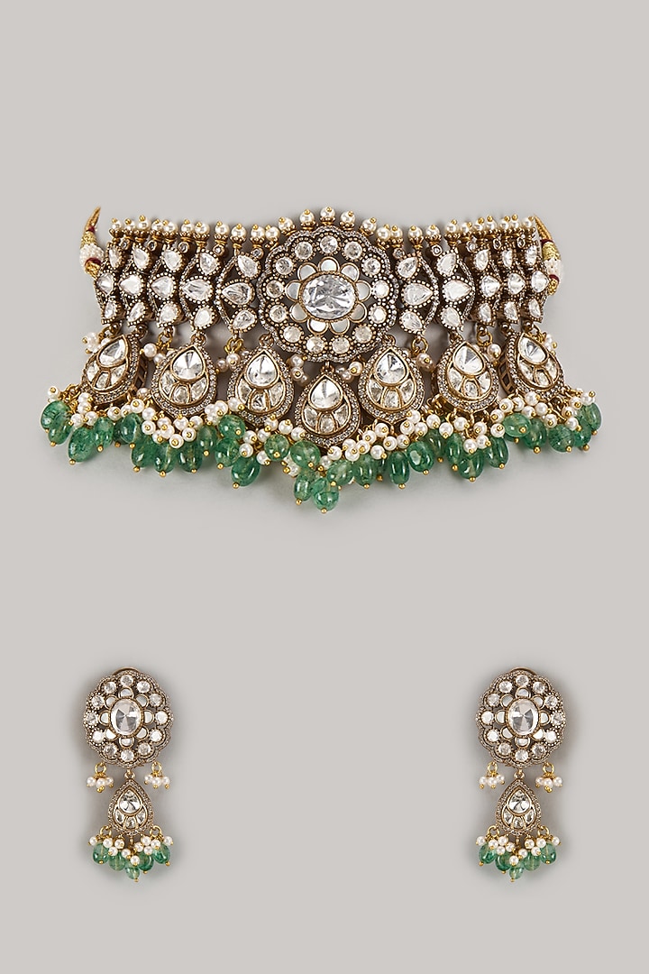 Gold Finish Zircon & Moissanite Polki Choker Necklace Set by Moh-Maya by Disha Khatri at Pernia's Pop Up Shop