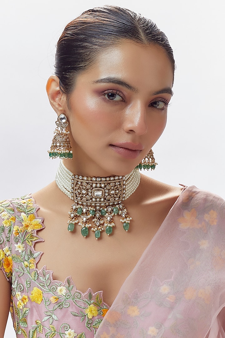 Gold Finish Zircon & Moissanite Polki Choker Necklace Set by Moh-Maya by Disha Khatri at Pernia's Pop Up Shop