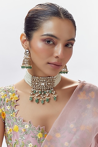 Gold Finish Zircon & Moissanite Polki Choker Necklace Set by Moh-Maya by Disha Khatri