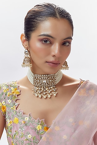 Gold Finish Zircon & Moissanite Polki Choker Necklace Set by Moh-Maya by Disha Khatri