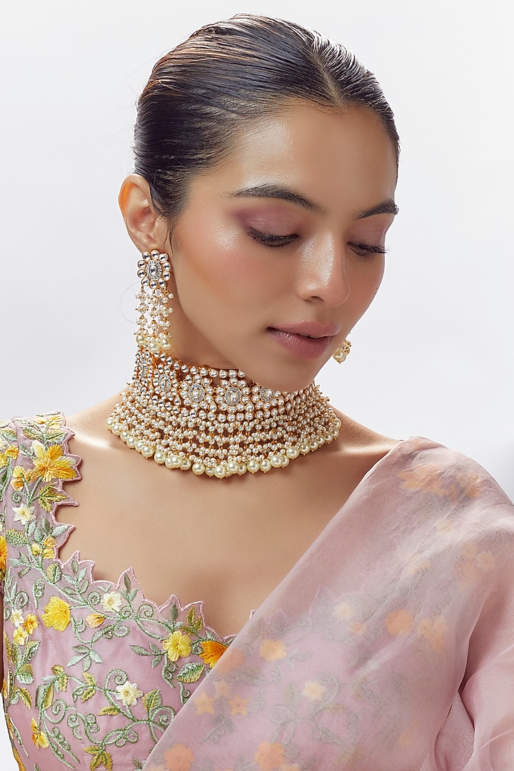 Gold Finish Zircon & Moissanite Polki Choker Necklace Set by Moh-Maya by Disha Khatri at Pernia's Pop Up Shop