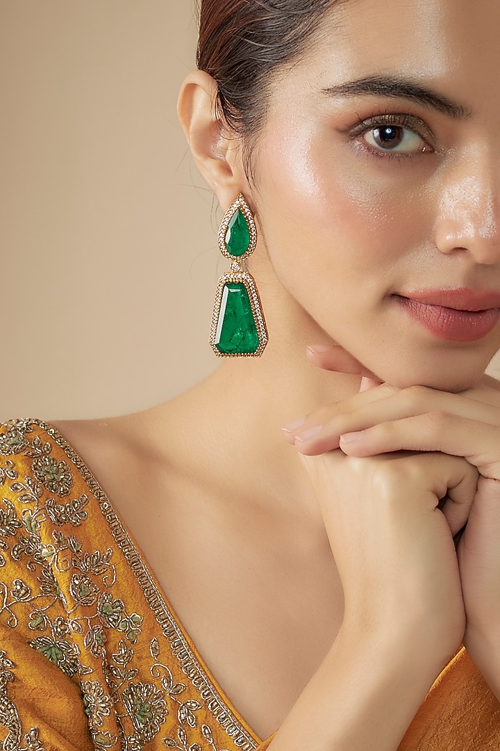 Gold Finish Emerald & Zircon Dangler Earrings by Moh-Maya by Disha Khatri at Pernia's Pop Up Shop