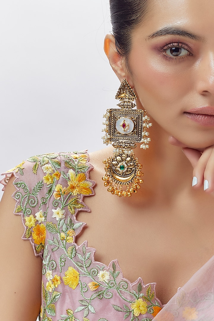 Gold Finish Ruby & Moissanite Polki Dangler Earrings by Moh-Maya by Disha Khatri at Pernia's Pop Up Shop