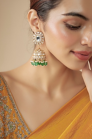 Gold Finish Zircon & Moissanite Polki Dangler Earrings by Moh-Maya by Disha Khatri