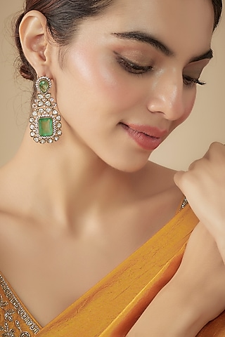 Gold Finish Zircon & Moissanite Polki Dangler Earrings by Moh-Maya by Disha Khatri