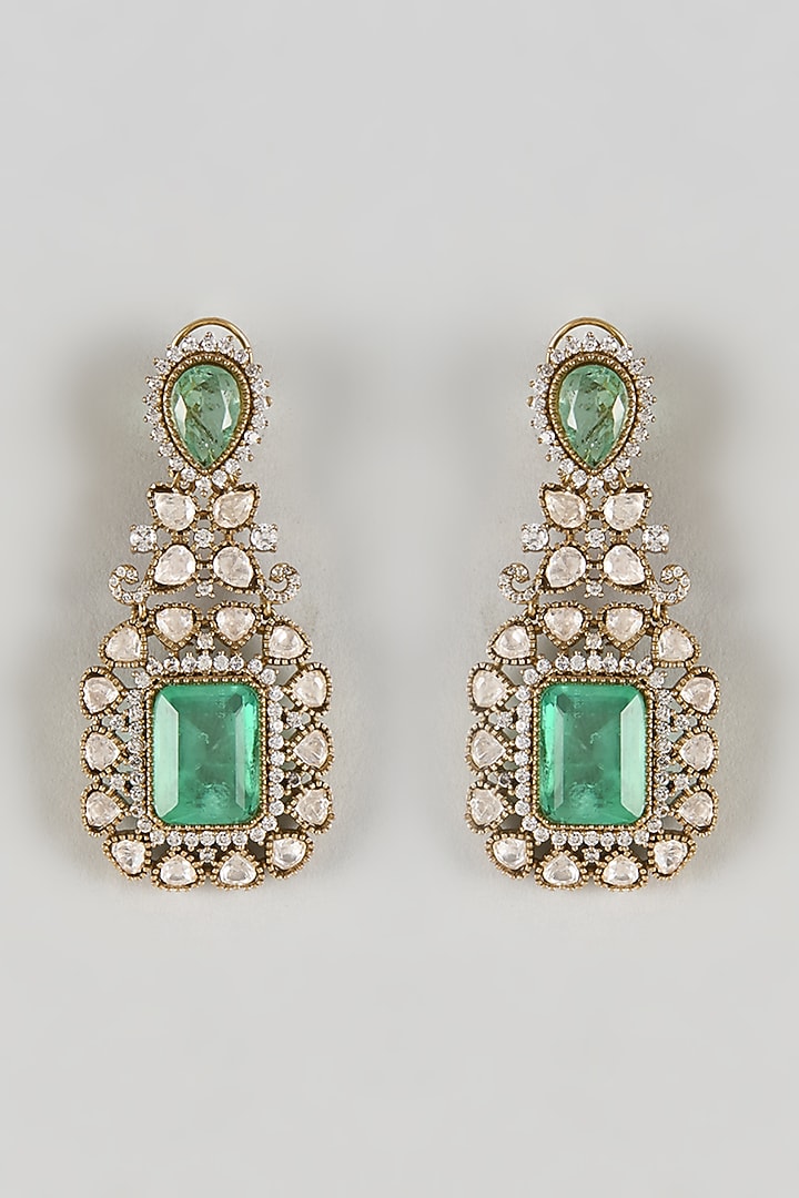 Gold Finish Zircon & Moissanite Polki Dangler Earrings by Moh-Maya by Disha Khatri at Pernia's Pop Up Shop