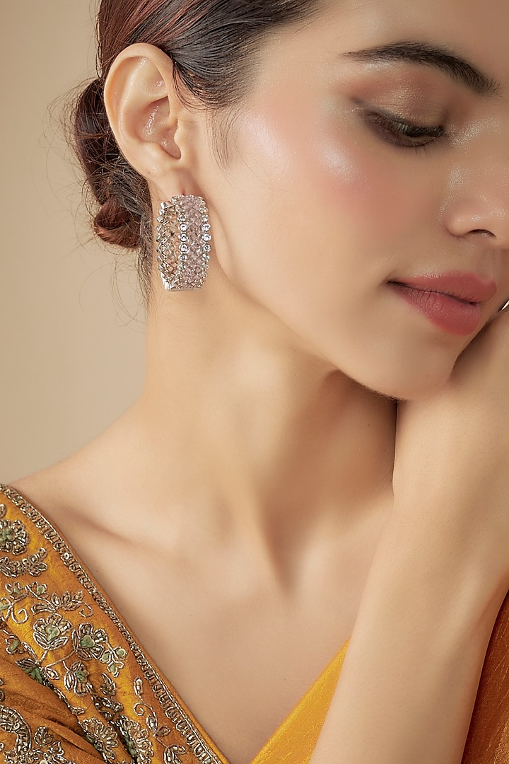 White Finish Light Pink Stone & Zircon Hoop Earrings by Moh-Maya by Disha Khatri at Pernia's Pop Up Shop