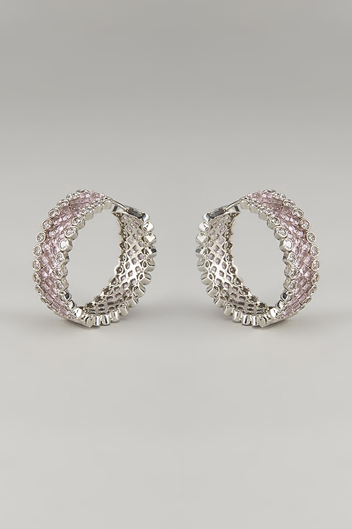 White Finish Light Pink Stone & Zircon Hoop Earrings by Moh-Maya by Disha Khatri at Pernia's Pop Up Shop