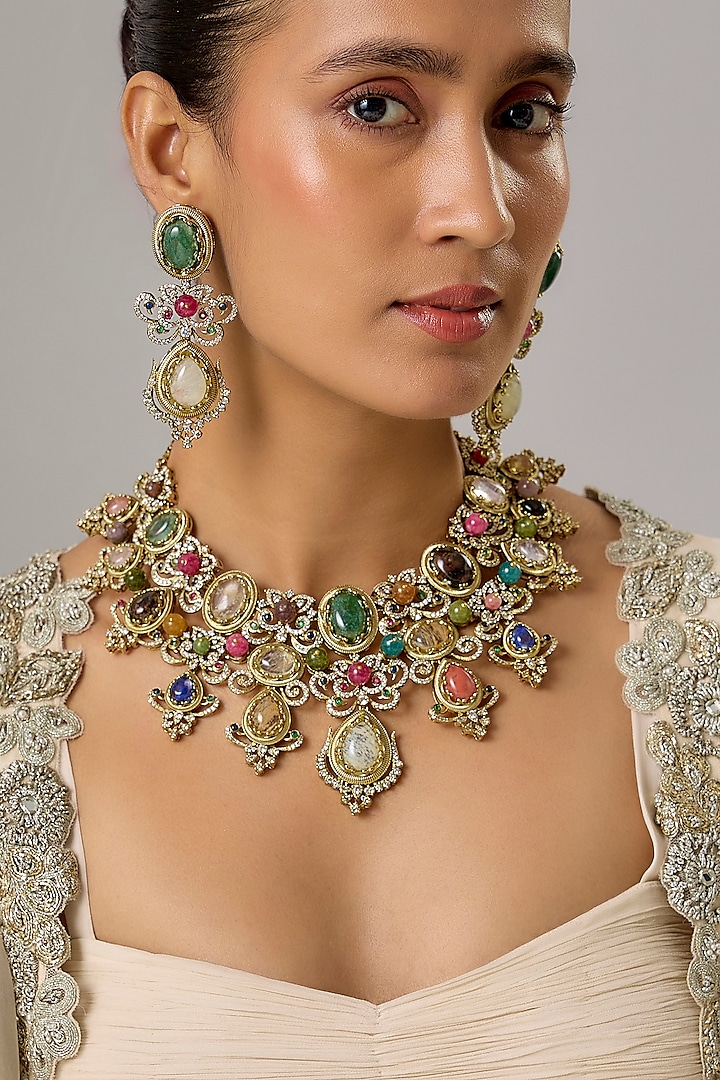 Gold Finish Multi-Colored Stone & Zircon Choker Necklace Set by Moh-Maya by Disha Khatri at Pernia's Pop Up Shop