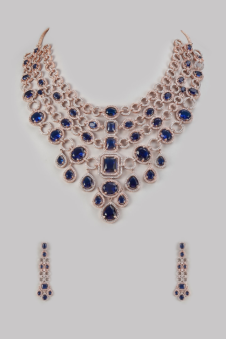 Rose Gold Finish Zircon Layered Necklace Set by Moh-Maya by Disha Khatri at Pernia's Pop Up Shop