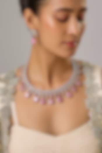 White Finish Rose Quartz & Zircon Necklace Set by Moh-Maya by Disha Khatri at Pernia's Pop Up Shop