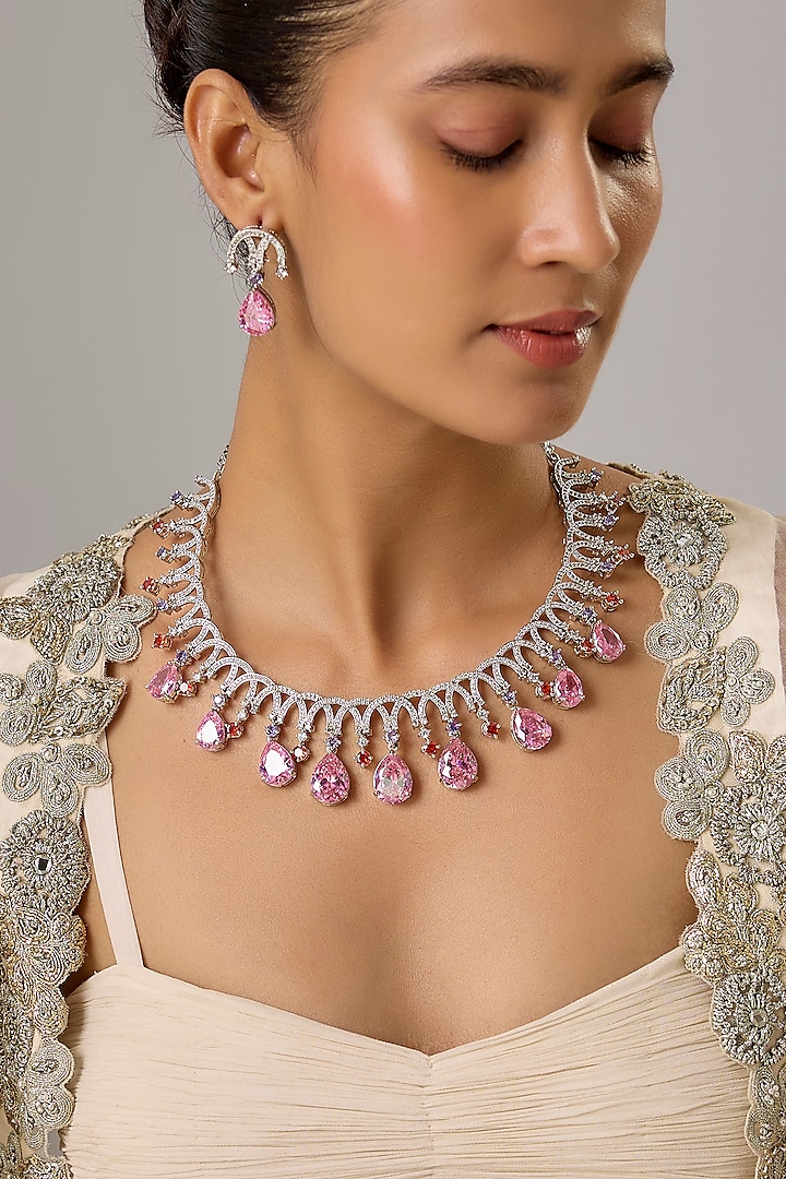 White Finish Rose Quartz & Zircon Necklace Set by Moh-Maya by Disha Khatri at Pernia's Pop Up Shop