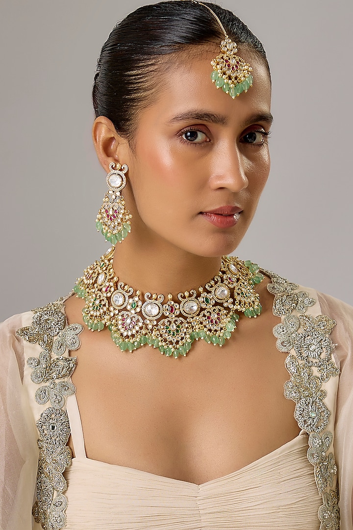 Gold Finish Kundan Polki & Aquamarine Beaded Choker Necklace Set by Moh-Maya by Disha Khatri at Pernia's Pop Up Shop