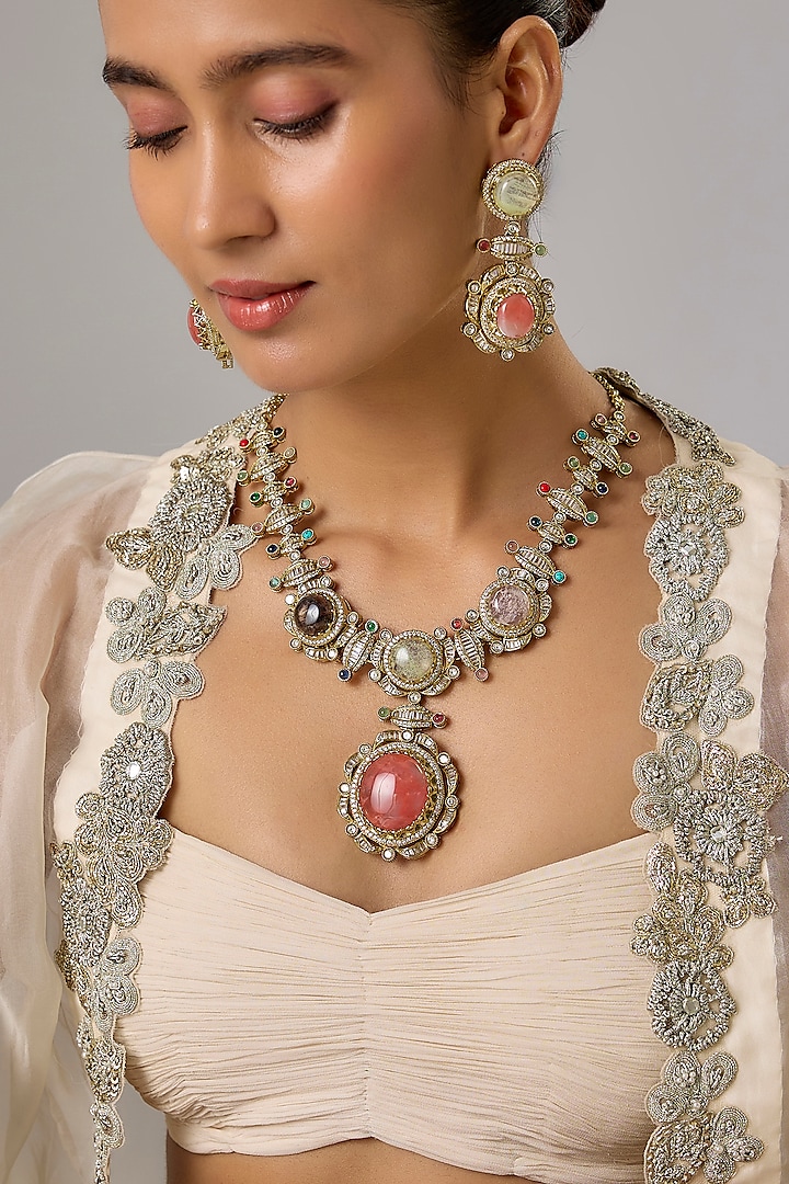 Gold Finish Multi-Colored Stone & Zircon Long Necklace Set by Moh-Maya by Disha Khatri at Pernia's Pop Up Shop