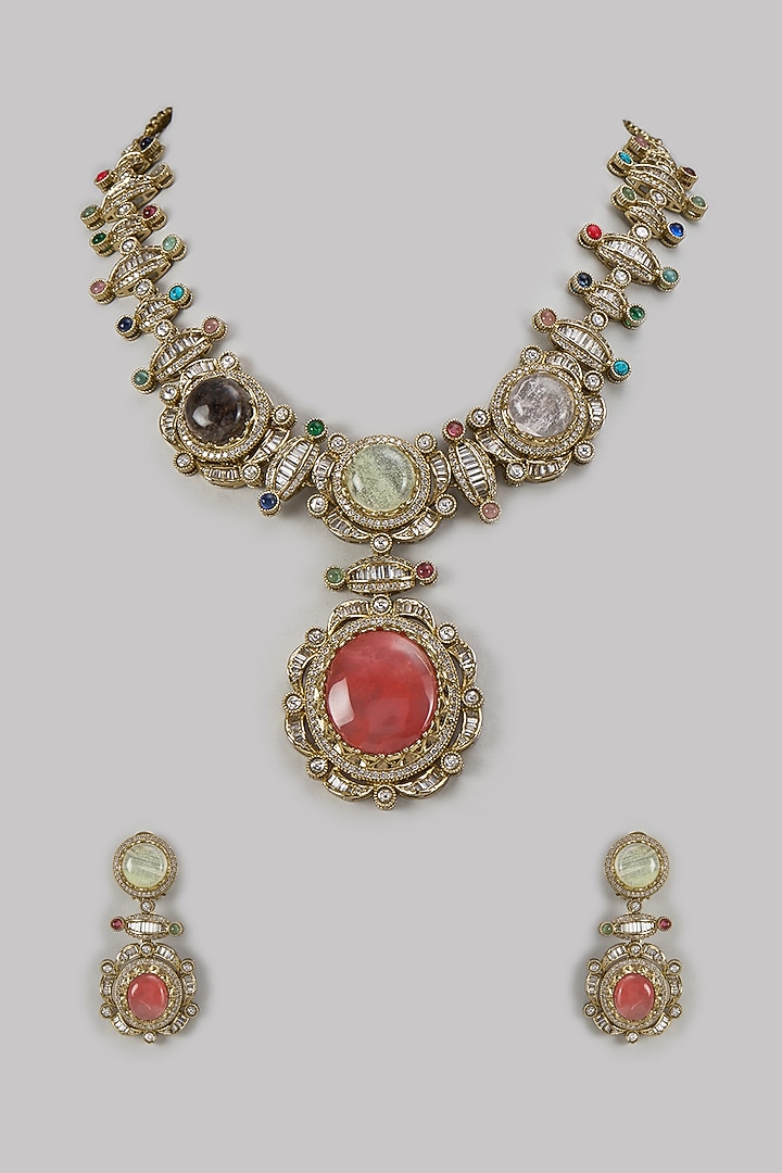 Gold Finish Multi-Colored Stone & Zircon Long Necklace Set by Moh-Maya by Disha Khatri at Pernia's Pop Up Shop