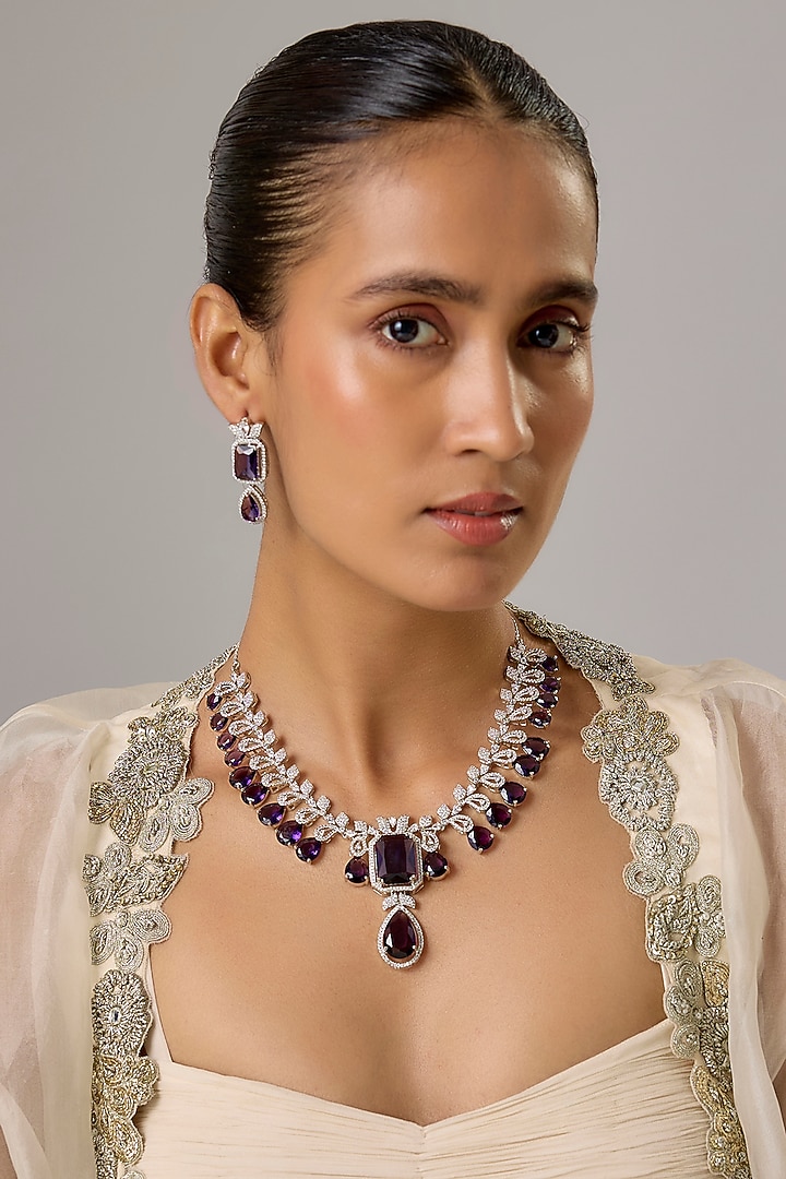 White Finish Amethyst & Zircon Long Necklace Set by Moh-Maya by Disha Khatri at Pernia's Pop Up Shop