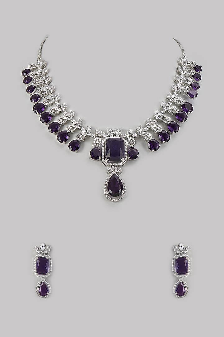 White Finish Amethyst & Zircon Long Necklace Set by Moh-Maya by Disha Khatri at Pernia's Pop Up Shop