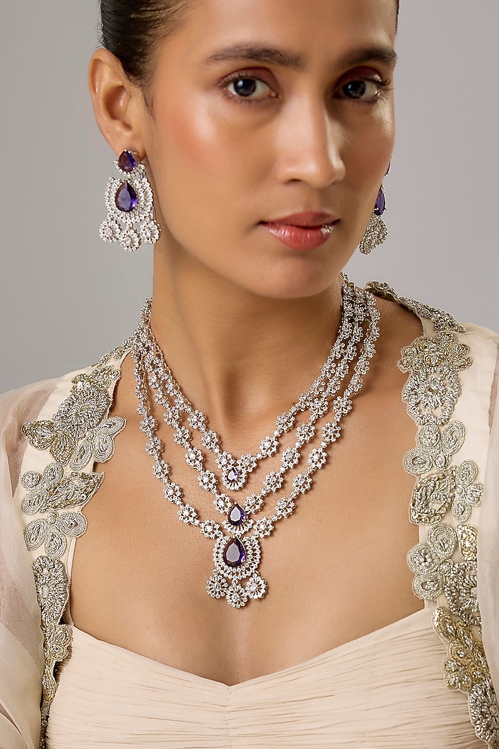 White Finish Amethyst & Zircon Layered Necklace Set by Moh-Maya by Disha Khatri at Pernia's Pop Up Shop