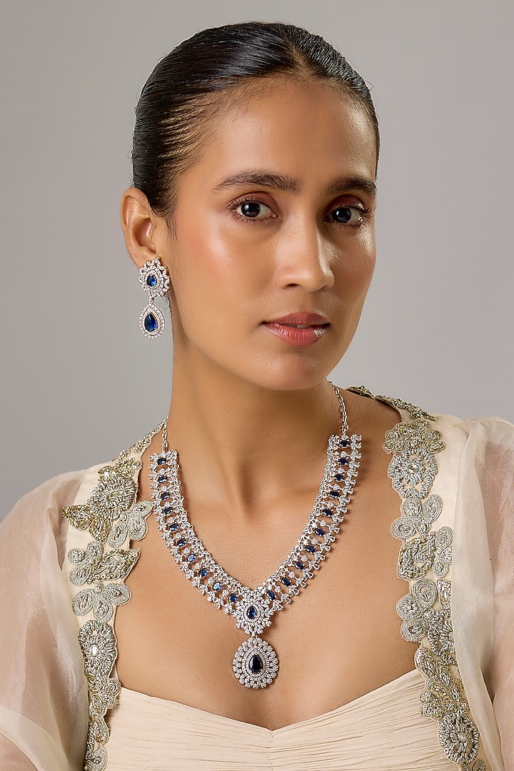 White Finish Amethyst & Zircon Long Necklace Set by Moh-Maya by Disha Khatri at Pernia's Pop Up Shop