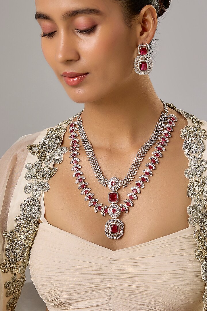 White Finish Ruby & Zircon Long Necklace Set by Moh-Maya by Disha Khatri at Pernia's Pop Up Shop
