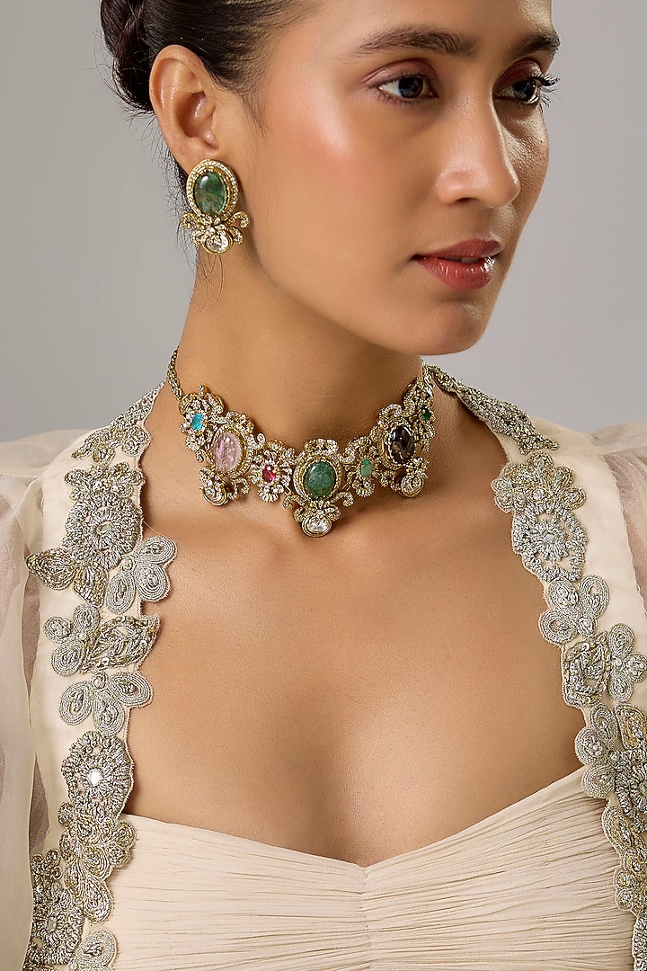 Gold Finish Multi-Colored Stone & Pearl Choker Necklace by Moh-Maya by Disha Khatri at Pernia's Pop Up Shop