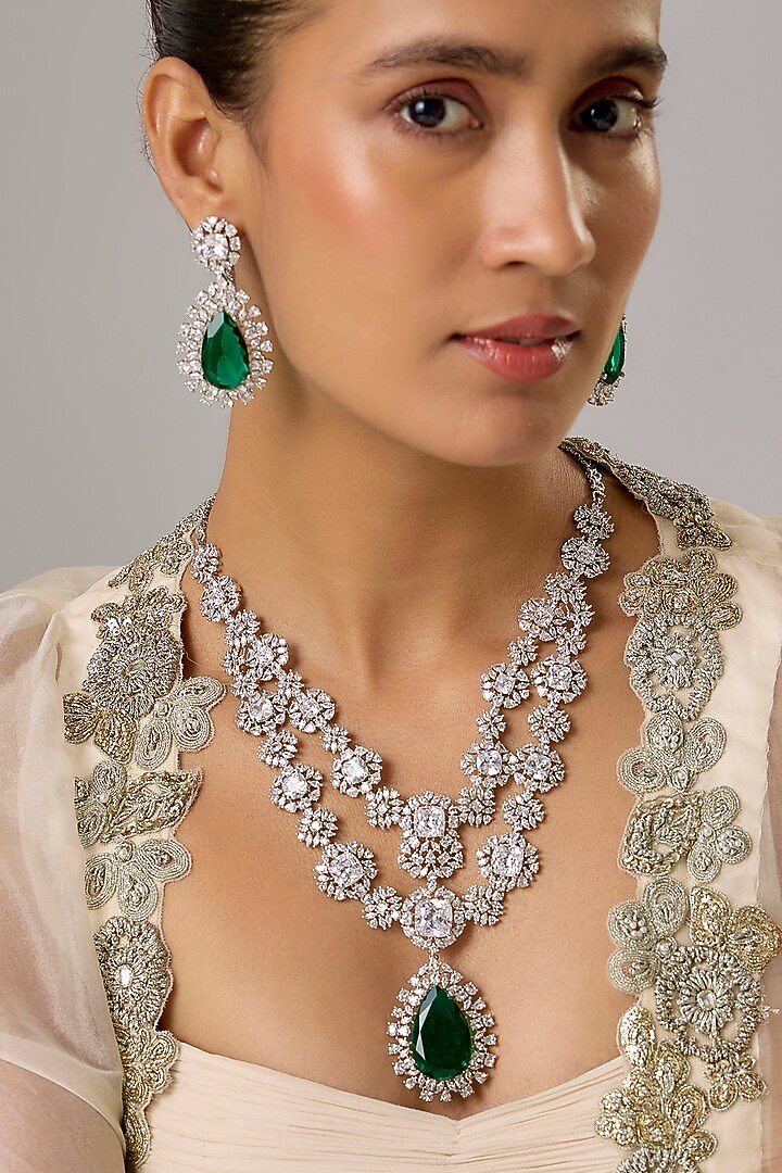 White Finish Emerald Stone & Zircon Layered Necklace Set by Moh-Maya by Disha Khatri at Pernia's Pop Up Shop