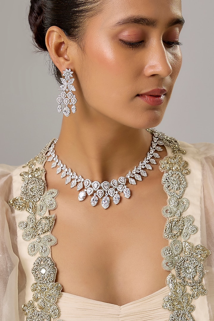 White Finish Zircon Necklace Set by Moh-Maya by Disha Khatri at Pernia's Pop Up Shop
