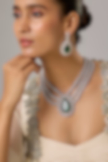 White Finish Emerald Stone & Zircon Layered Necklace Set by Moh-Maya by Disha Khatri at Pernia's Pop Up Shop