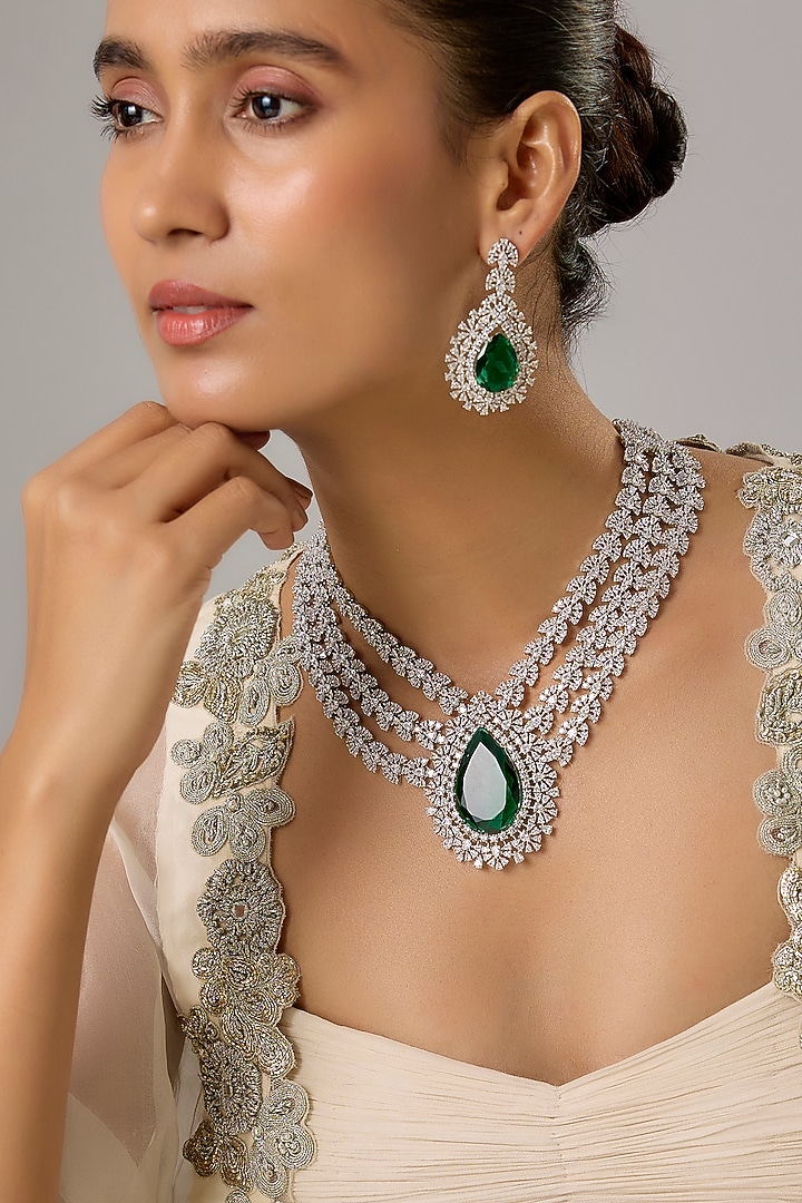 White Finish Emerald Stone & Zircon Layered Necklace Set by Moh-Maya by Disha Khatri at Pernia's Pop Up Shop