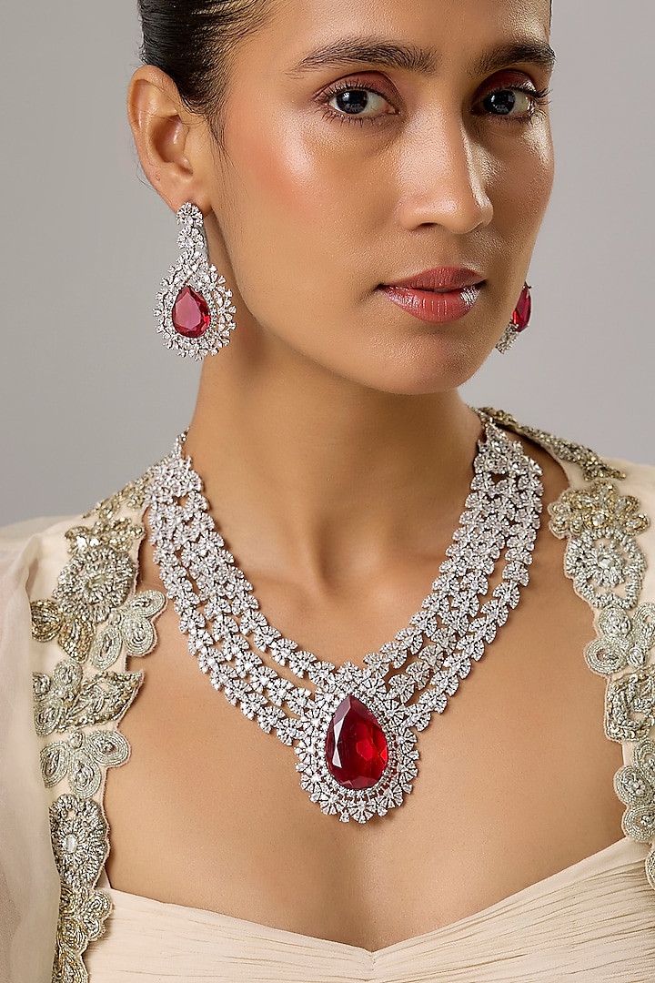 White Finish Ruby Stone & Zircon Layered Necklace Set by Moh-Maya by Disha Khatri at Pernia's Pop Up Shop
