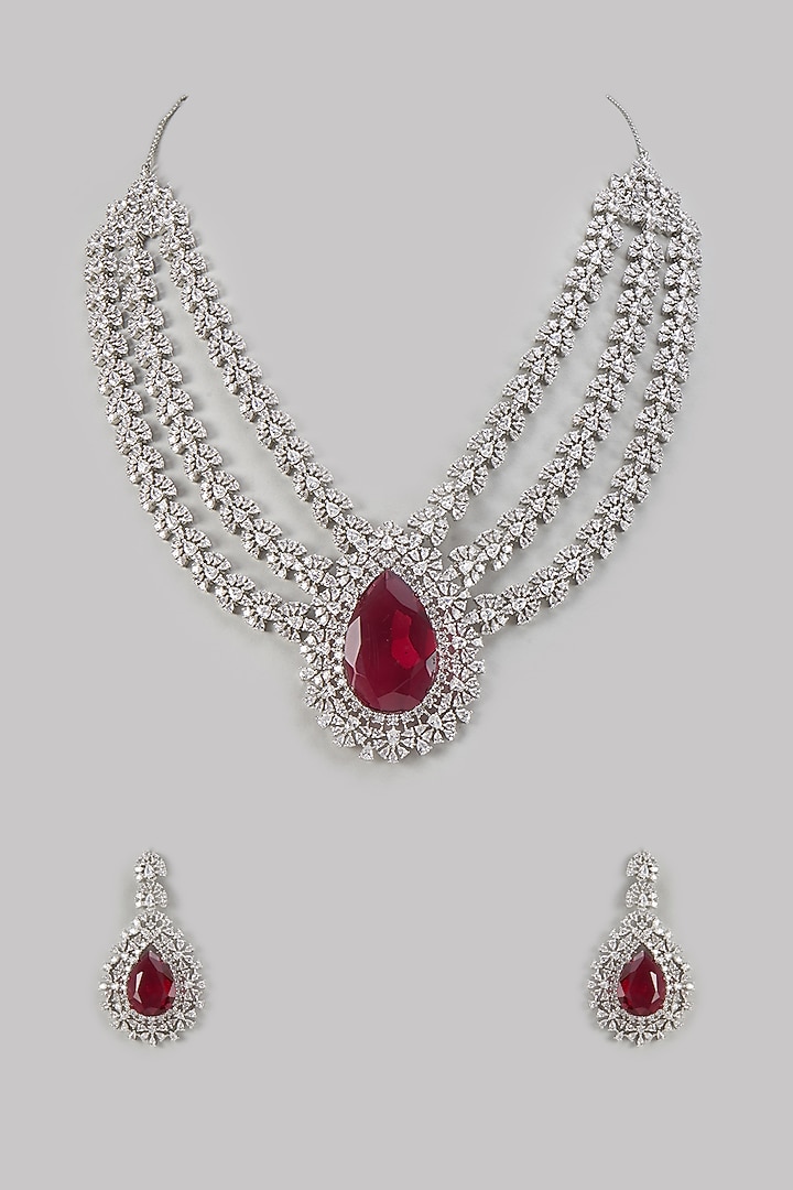 White Finish Ruby Stone & Zircon Layered Necklace Set by Moh-Maya by Disha Khatri at Pernia's Pop Up Shop