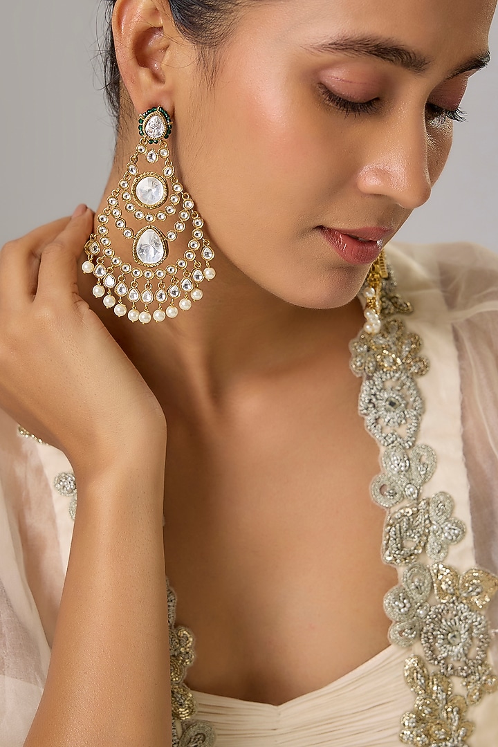 Gold Finish Kundan Polki & Green Beaded Dangler Earrings by Moh-Maya by Disha Khatri at Pernia's Pop Up Shop