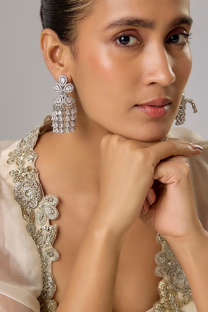 White Finish Zircon Dangler Earrings by Moh-Maya by Disha Khatri at Pernia's Pop Up Shop