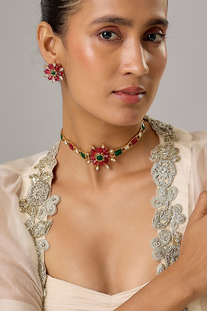 Gold Finish Ruby & Kundan Polki Choker Necklace Set by Moh-Maya by Disha Khatri at Pernia's Pop Up Shop