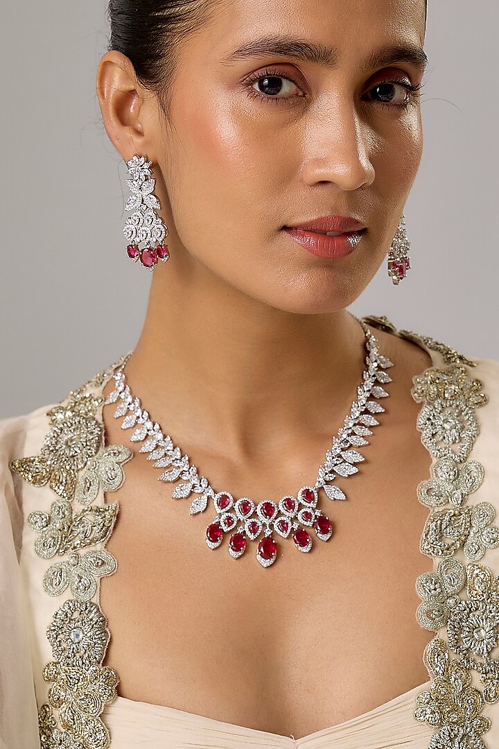 White Finish Zircon & Ruby Necklace Set by Moh-Maya by Disha Khatri at Pernia's Pop Up Shop