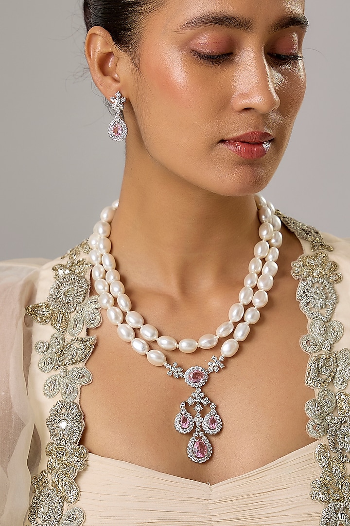 White Finish Pearl & Zircon Layered Necklace Set by Moh-Maya by Disha Khatri at Pernia's Pop Up Shop