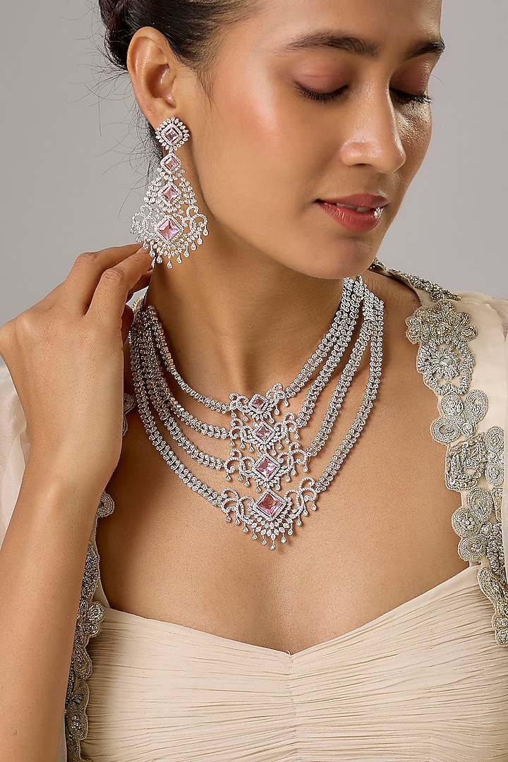 White Finish Zircon & Rose Quartz Layered Necklace Set by Moh-Maya by Disha Khatri at Pernia's Pop Up Shop
