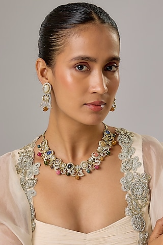 Gold Finish Multi-Colored Stone & Zircon Choker Necklace Set by Moh-Maya by Disha Khatri