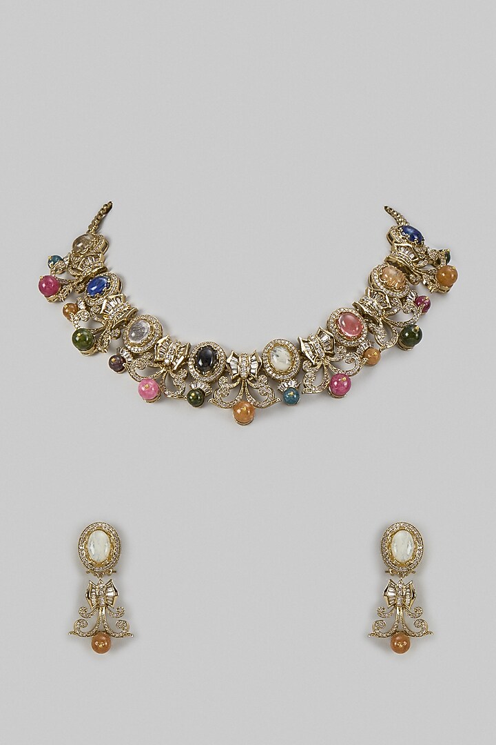 Gold Finish Multi-Colored Stone & Zircon Choker Necklace Set by Moh-Maya by Disha Khatri at Pernia's Pop Up Shop